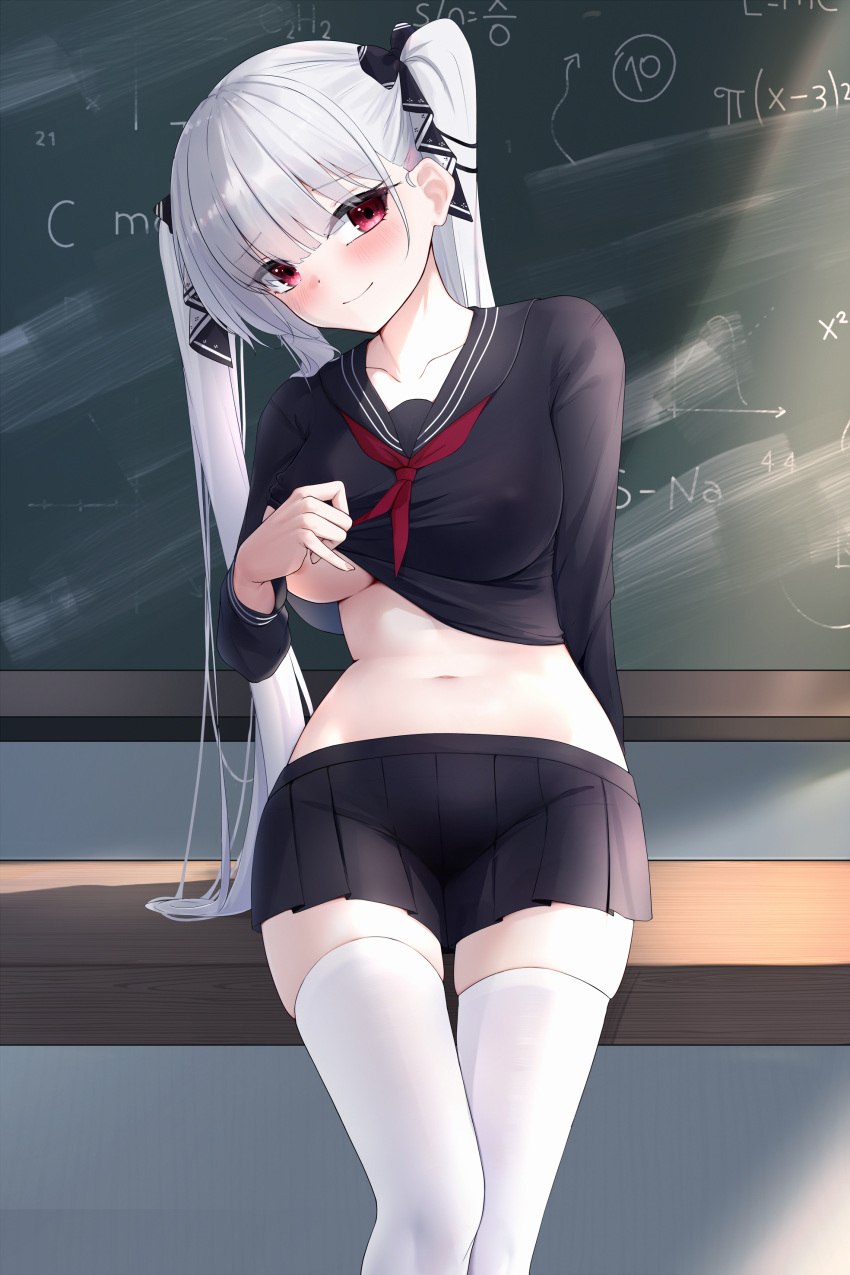 1girl absurdres alternate_costume azur_lane black_sailor_collar black_serafuku black_skirt breasts chalkboard clothes_lift crop_top formidable_(azur_lane) formidable_(the_lover's_heart_flutters_on_duty)_(azur_lane) grey_hair highres large_breasts long_hair looking_at_viewer midriff neckerchief official_alternate_costume pleated_skirt red_eyes red_neckerchief sailor_collar school_uniform serafuku shirt_lift skirt smile solo thighhighs two-sided_ribbon two-tone_ribbon underboob very_long_hair white_thighhighs zerotwenty_(020)