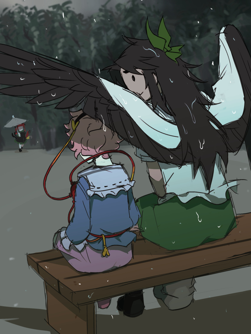 3girls bench bird_wings black_eyes black_hair black_wings blue_shirt bow cape closed_mouth commentary english_commentary frilled_shirt_collar frills full_body green_bow green_skirt grey_umbrella hair_bow height_difference highres kaenbyou_rin komeiji_satori long_hair looking_at_another multiple_girls outdoors pink_hair pink_skirt rain reiuji_utsuho shirt short_hair sitting skirt smile taco_touhou touhou white_cape wing_umbrella wings