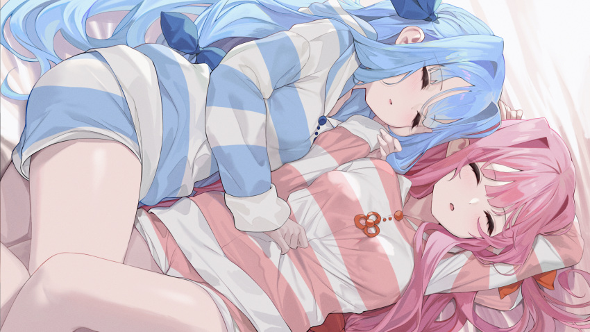 2girls arm_behind_head arm_up blue_hair blue_ribbon closed_eyes commentary_request hair_ornament hair_ribbon highres kotonoha_akane kotonoha_aoi long_hair long_sleeves lying multiple_girls on_back on_side parted_lips pink_hair ribbon sleeping striped_clothes thighs voiceroid yappen