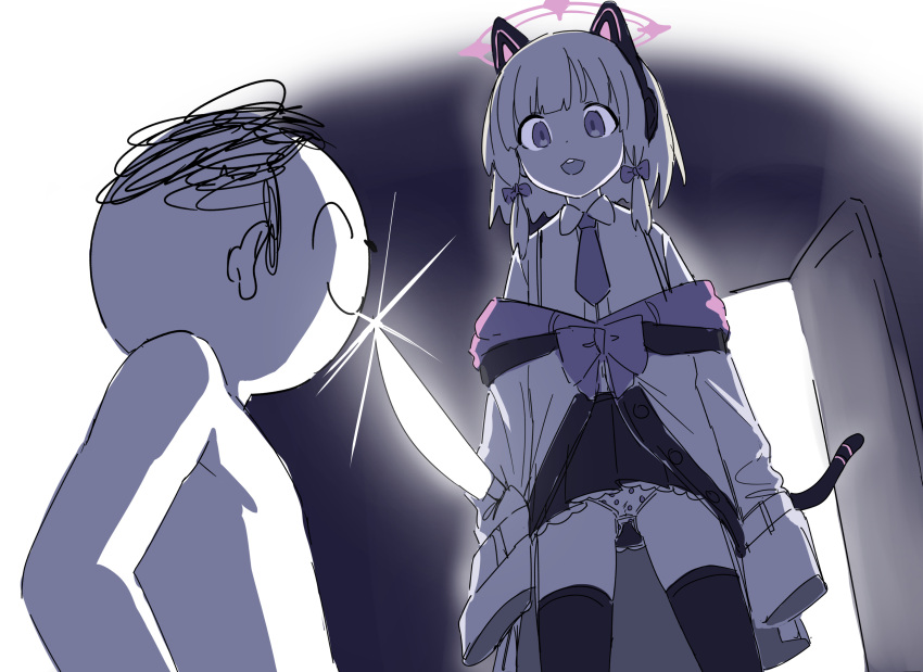 1boy 1girl aak absurdres animal_ear_headphones animal_ears black_skirt black_thighhighs blue_archive bow closed_eyes closed_mouth collared_shirt death_momoi_(meme) doodle_sensei_(blue_archive) dress_shirt fake_animal_ears glint hair_bow halo headphones highres holding holding_knife jacket knife long_sleeves meme momoi_(blue_archive) necktie off_shoulder open_mouth panties pleated_skirt polka_dot polka_dot_panties profile purple_necktie sensei_(blue_archive) shirt sidelocks skirt sleeves_past_fingers sleeves_past_wrists smile standing tail thighhighs underwear white_jacket white_shirt