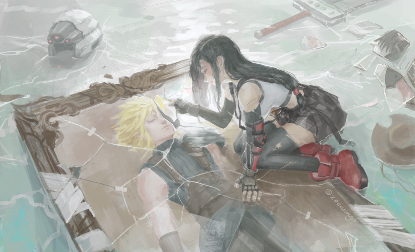 1girl black_gloves black_hair black_skirt black_sports_bra black_thighhighs boots cloud_strife damaged earrings final_fantasy final_fantasy_vii final_fantasy_vii_remake fingerless_gloves full_body gloves hand_on_ground helmet highres jewelry kneeling long_hair low-tied_long_hair miniskirt painting_(object) pleated_skirt red_footwear shards skirt solo sports_bra straight_hair sword tank_top thighhighs tifa_lockhart torn_clothes torn_thighhighs twitter_username unworn_headwear unworn_helmet weapon white_tank_top zack_fair zoewingsz