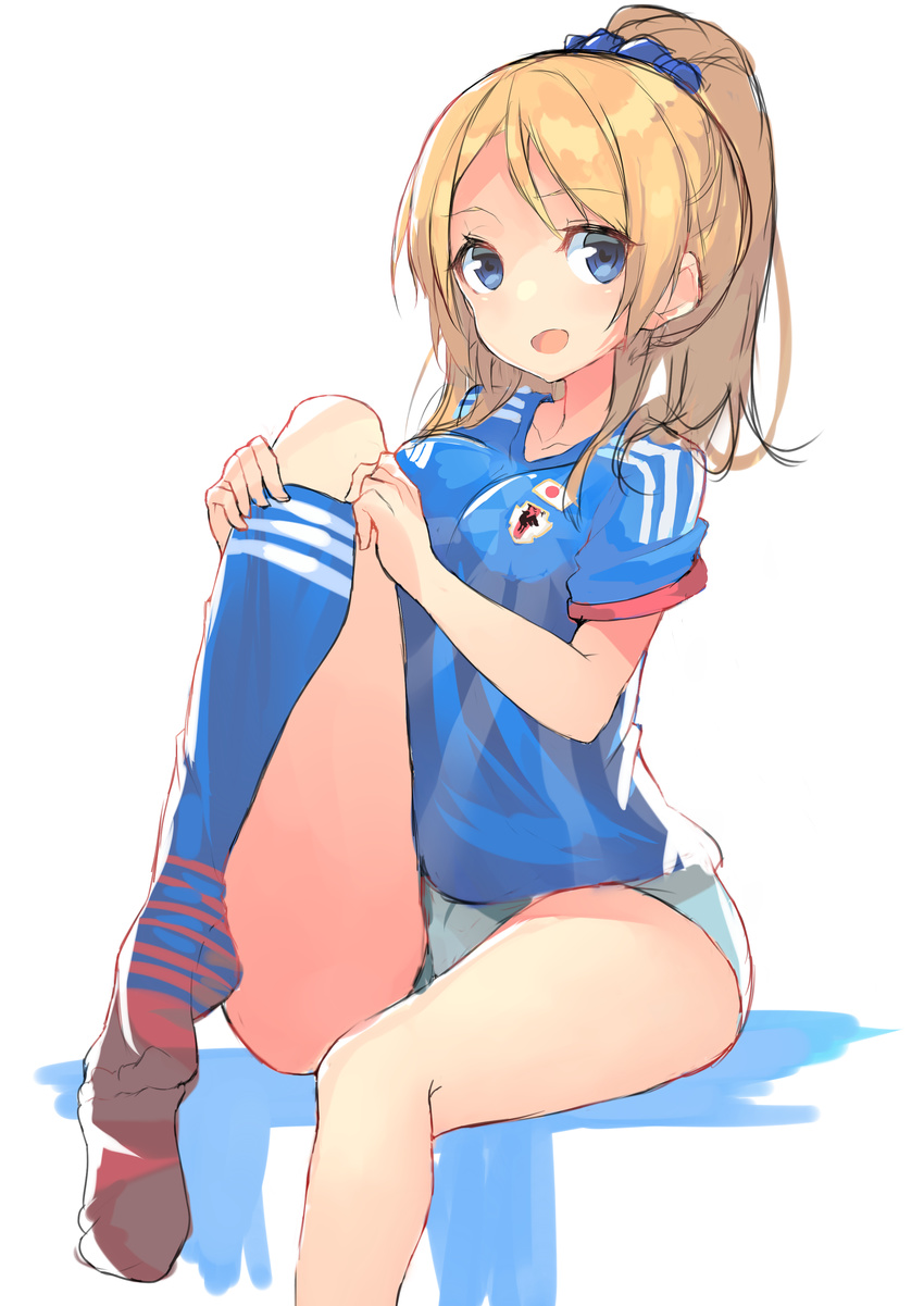 2014_fifa_world_cup absurdres ayase_eli blonde_hair blue_eyes blush breasts dressing hajime_kaname highres japan japanese_flag leg_up long_hair looking_at_viewer love_live! love_live!_school_idol_project medium_breasts open_mouth panties ponytail single_sock sitting smile soccer soccer_uniform socks solo sportswear underwear world_cup