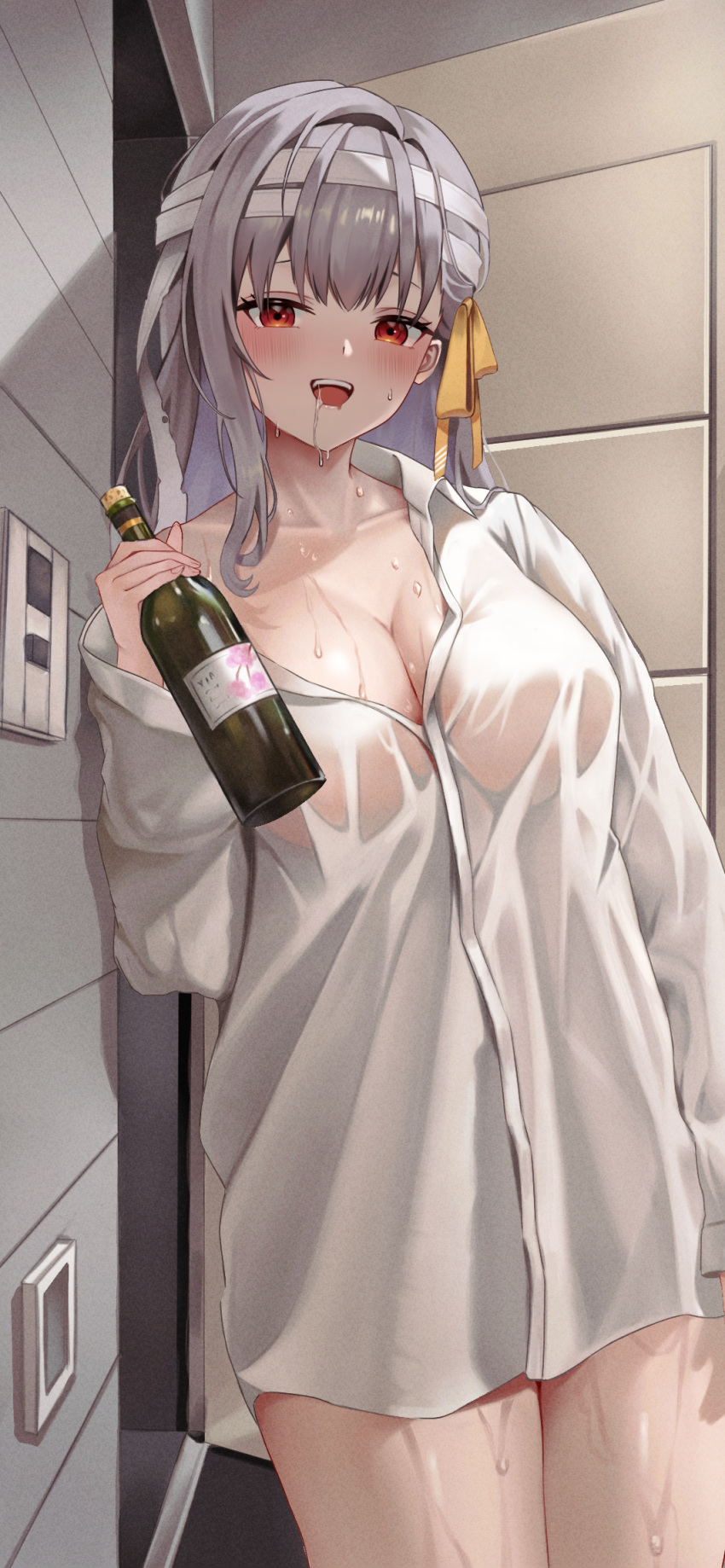1girl against_wall alcohol bandaged_head bandages blush bottle breasts collared_shirt drooling drunk furrowed_brow goddess_of_victory:_nikke grey_hair hair_between_eyes hair_ribbon highres holding holding_bottle indoors large_breasts light_switch long_hair looking_at_viewer modernia_(first_affection)_(nikke) modernia_(nikke) mouth_drool naked_shirt open_door open_mouth oversized_clothes partially_unbuttoned red_eyes ribbon saliva shadow shirt single_hair_intake single_off_shoulder single_sidelock smile teeth upper_teeth_only wet wet_clothes white_shirt xia_0328 yellow_ribbon