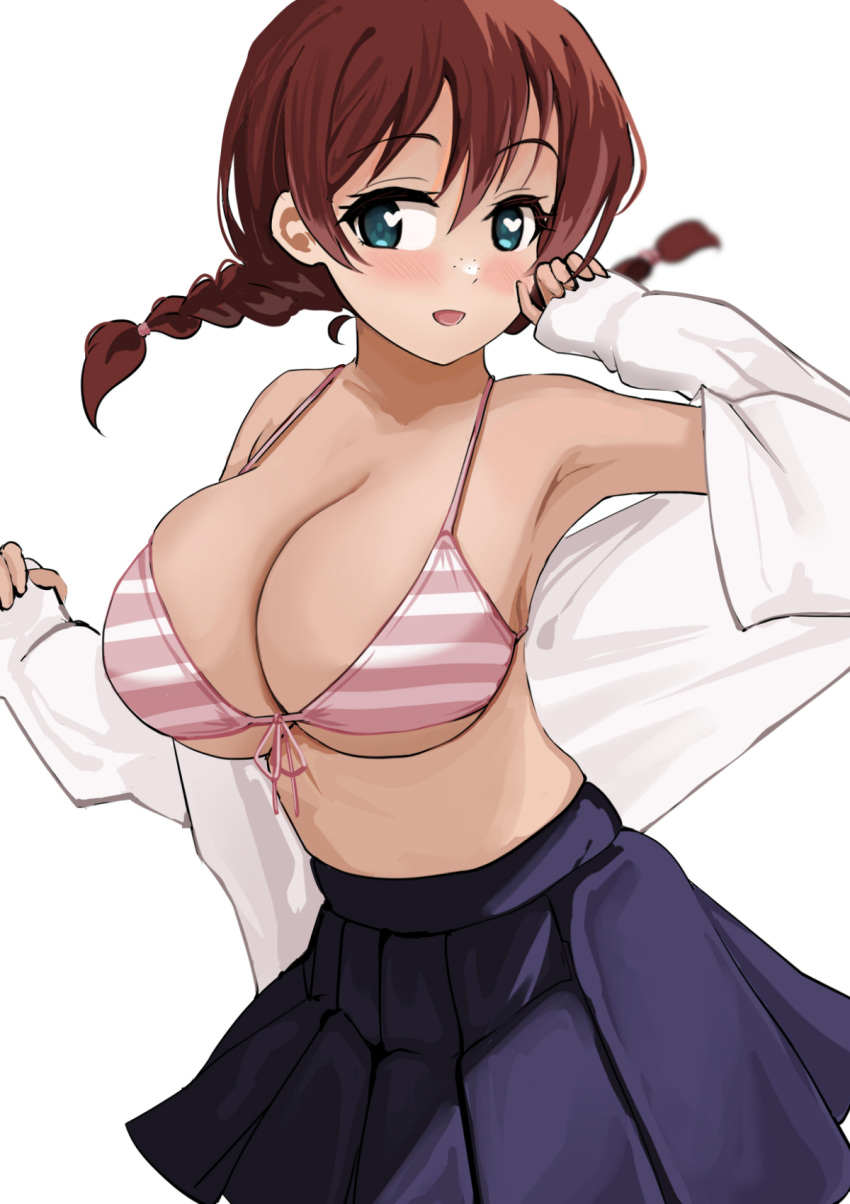 bikini bikini_top_only bikini_under_clothes blue_eyes blue_skirt braid breasts brown_hair cleavage collared_shirt cowboy_shot dress_shirt emma_verde freckles front-tie_bikini_top front-tie_top heart heart-shaped_pupils highres large_breasts long_hair looking_at_viewer love_live! love_live!_nijigasaki_high_school_idol_club open_clothes open_shirt pink_bikini pisagi pleated_skirt shirt simple_background skirt striped_bikini striped_clothes swimsuit symbol-shaped_pupils twin_braids white_background white_shirt