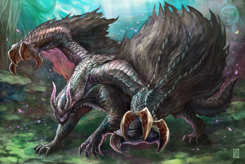 absurdres chin_spike claws dragon extra_arms full_body gore_magala highres horns monster monster_focus monster_hunter_(series) mountainous_horizon no_eyes no_humans open_mouth outdoors purple_horns scales sharp_teeth solo spikes sunlight tail teeth torn_wings uchi_vs_the_world watermark winged_arms wings