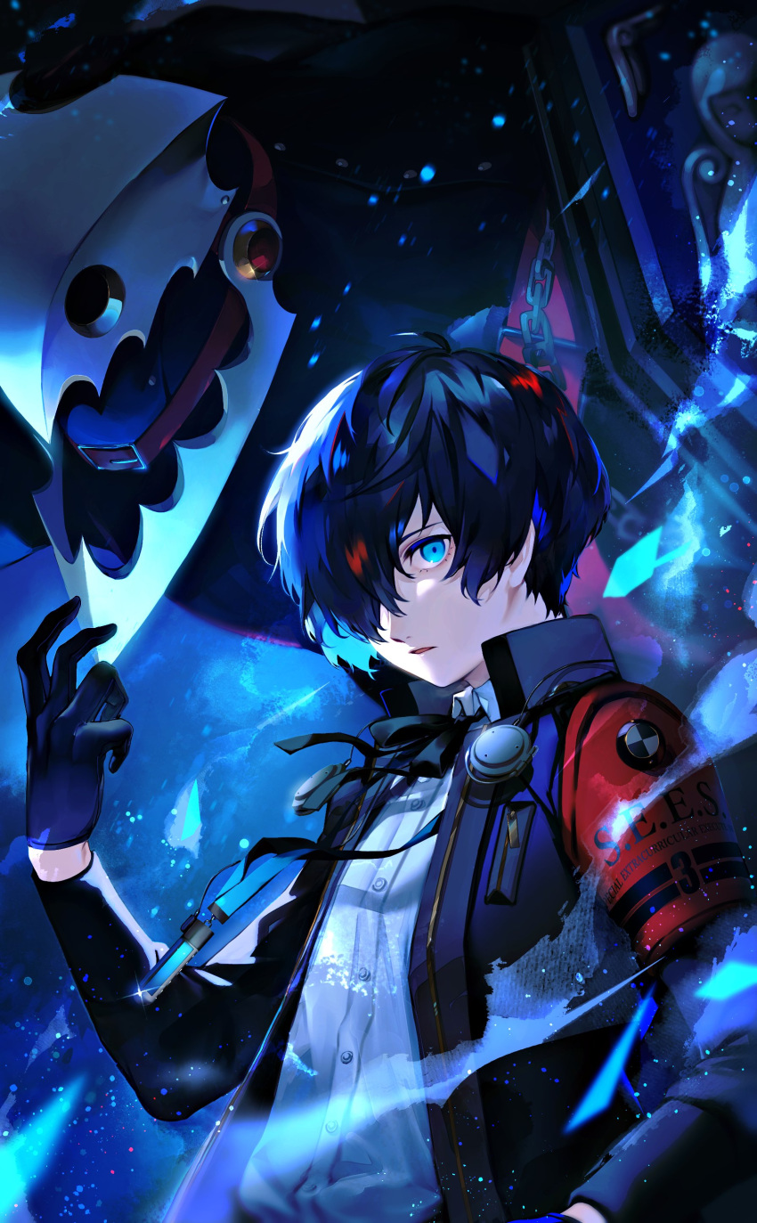 1boy absurdres armband black_gloves black_hair black_jacket black_ribbon blue_eyes blue_hair chain digital_media_player gekkoukan_high_school_uniform gloves hair_over_one_eye highres jacket long_sleeves looking_at_viewer lor_(roasyerizyonirapi) male_focus multicolored_hair neck_ribbon open_clothes open_jacket parted_lips persona persona_3 persona_3_reload red_armband ribbon school_uniform shirt thanatos_(persona) white_shirt yuuki_makoto_(persona_3)