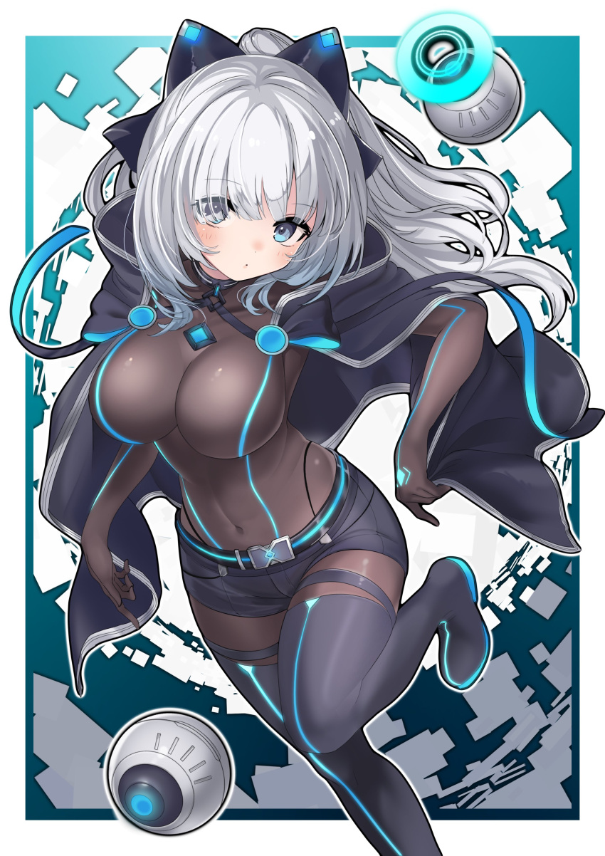 1girl absurdres ameyu_(rapon) black_bodysuit blue_eyes bodysuit boots breasts drone grey_hair highres large_breasts long_hair looking_at_viewer original solo thigh_boots thighs