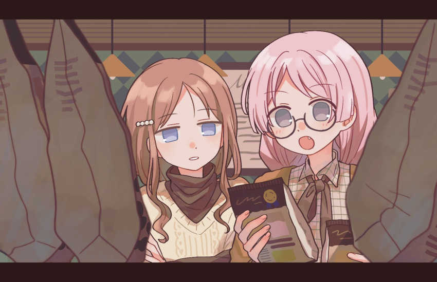 2girls artist_request bang_dream! bang_dream!_it's_mygo!!!!! blue_eyes brown_hair brown_jacket brown_ribbon brown_sweater chihaya_anon collared_shirt commentary commission detached_sleeves fang glasses grey_eyes hair_ornament hairclip holding indoors jacket jitome knit_sweater lamp long_hair multiple_girls nagasaki_soyo neck_ribbon open_mouth pink_hair ribbon second-party_source shirt sweater symbol-only_commentary turtleneck undone_neck_ribbon