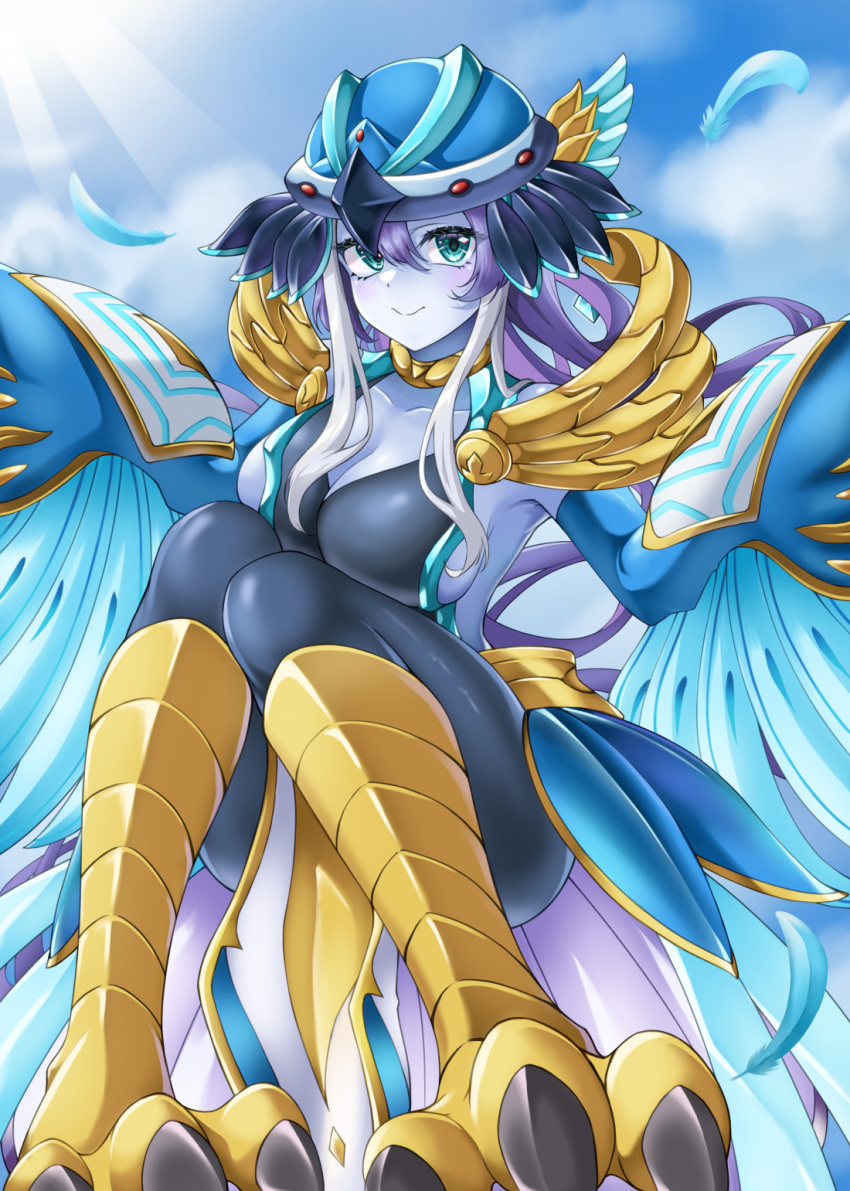 1girl animal_feet armor blue_eyes blue_skin breasts cleavage colored_skin duel_monster feathers full_body harpy hat highres knees_up large_breasts long_hair lyrilusc_-_ensemblue_robin monster_girl nobea purple_hair shoulder_armor sitting smile solo very_long_hair winged_arms wings yu-gi-oh!