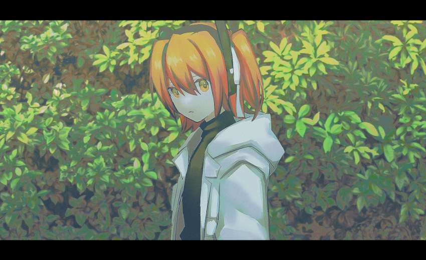 1girl a.i._voice adachi_rei arms_at_sides black_shirt expressionless foliage hair_ribbon headlamp highres hood hood_down hooded_jacket jacket letterboxed long_sleeves looking_at_viewer olin_yuu one_side_up open_clothes open_jacket open_mouth orange_eyes orange_hair radio_antenna ribbon shirt solo turtleneck turtleneck_shirt upper_body utau white_jacket white_ribbon