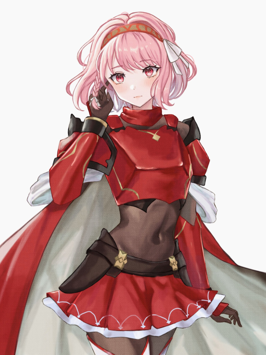 1girl armor breastplate commentary covered_navel cowboy_shot fire_emblem fire_emblem_engage grey_background hair_ribbon hairband highres lapis_(fire_emblem) looking_at_viewer miniskirt pink_eyes pink_hair red_hairband red_skirt ribbon short_hair shoulder_armor simple_background skirt solo standing white_ribbon zqzbq