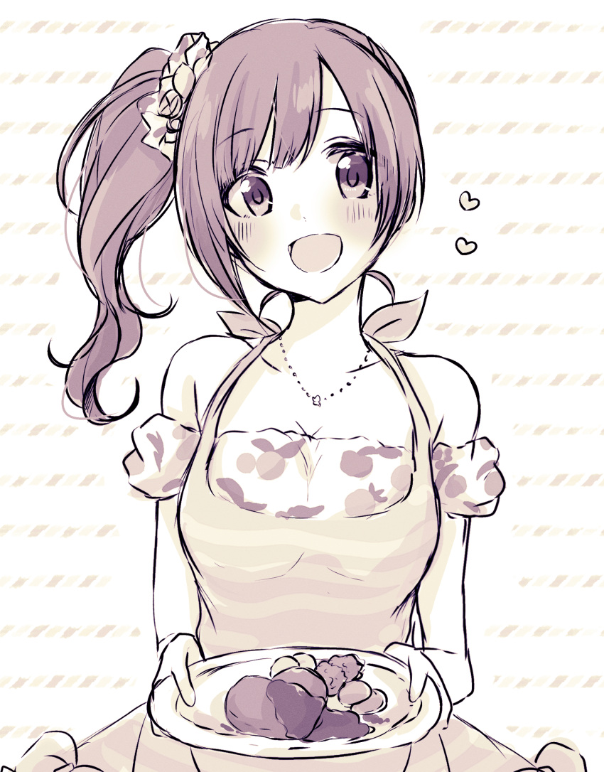 1girl :d apron baran._(ba_ra_ran) blush breasts cleavage collarbone flower flower_necklace food_request hair_ornament hair_scrunchie heart-shaped_food highres holding holding_plate idolmaster idolmaster_cinderella_girls igarashi_kyoko lone_nape_hair looking_at_viewer off-shoulder_shirt off_shoulder open_mouth plate scrunchie shirt side_ponytail smile solo striped_background swept_bangs white_background