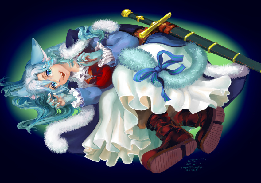 absurdres animal_ears berille_von_bayern blue_eyes blue_hair bow bowtie cat_ears cat_girl cat_tail dress fuzzy_clothes highres mick.ono non-web_source paw_pose scabbard sheath slit_pupils sword tail weapon white_dress