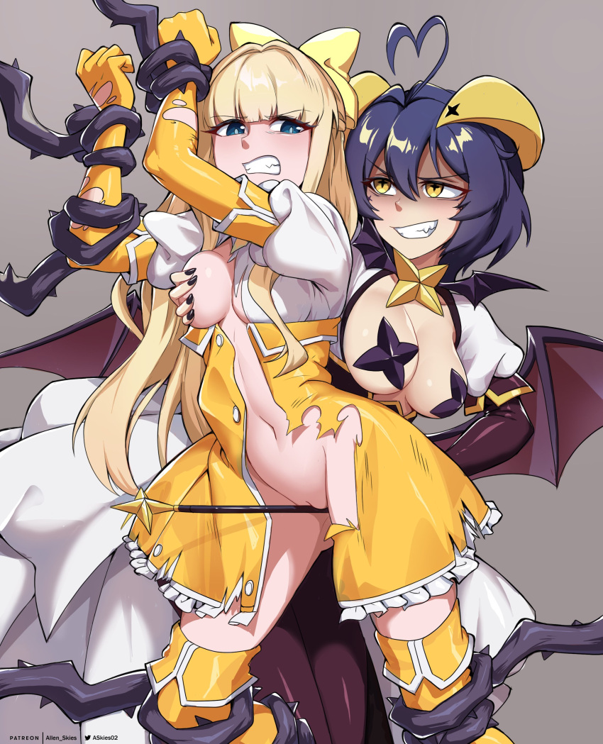 2girls absurdres ahoge allen_skies bdsm black_nails blue_eyes blunt_bangs bondage bound bow breasts brooch commission demon_wings grabbing grabbing_another's_breast grabbing_from_behind grey_background hair_between_eyes hair_bow highres hiiragi_utena horns jewelry linea_alba long_hair looking_at_another low_wings magia_baiser magia_sulfur magical_girl mahou_shoujo_ni_akogarete medium_breasts multiple_girls nail_polish navel pasties patreon_username puffy_short_sleeves puffy_sleeves pussy rape ribbon short_hair short_sleeves simple_background smile star_(symbol) star_brooch star_pasties tenkawa_kaoruko thorns torn_clothes twitter_username wings yellow_bow yellow_eyes yellow_horns yuri