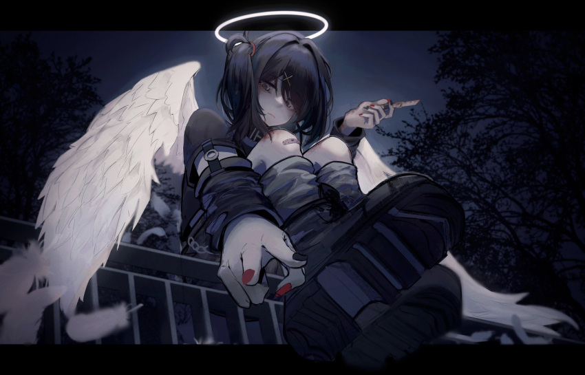 1girl ame-chan_(needy_girl_overdose) arm_warmers bandaid black_choker black_eyes black_footwear black_hair black_nails black_shirt boots choker closed_mouth feathered_wings hair_ornament hair_over_one_eye halo highres kotowaza long_hair needy_girl_overdose night outdoors red_nails shirt solo twintails white_halo white_wings wings x_hair_ornament