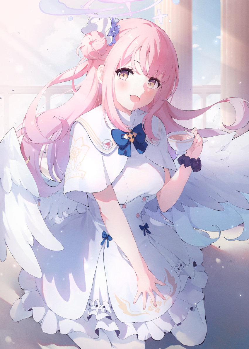 1girl absurdres angel_wings bai-hyacinth blue_archive blue_sky blush breasts brown_eyes capelet commentary cup dress feathered_wings flower hair_bun hair_flower hair_ornament halo highres holding holding_cup kneeling large_breasts long_hair looking_at_viewer mika_(blue_archive) open_mouth pantyhose pink_hair pink_halo single_side_bun sky smile solo teacup white_capelet white_dress white_pantyhose white_wings wings