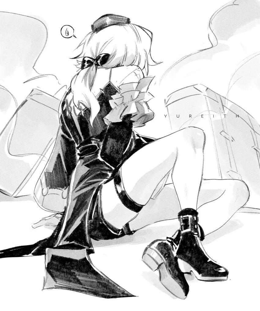 1boy black_bow black_coat black_footwear bow coat embarrassed gloves greyscale hat highres honkai:_star_rail honkai_(series) looking_back misha_(honkai:_star_rail) monochrome shorts yureith