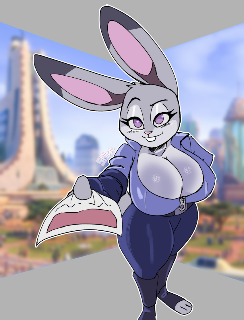 anthro big_breasts blush breasts buckteeth cleavage clothed clothing dipstick_ears disney female hi_res huge_breasts judy_hopps lagomorph leporid looking_at_viewer mammal multicolored_ears police police_uniform rabbit solo solratic teeth thick_thighs ticket uniform zipper zootopia