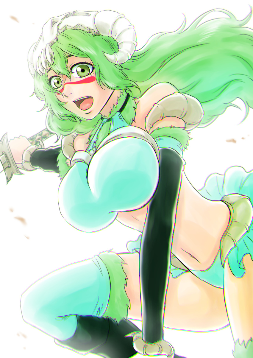 1girl absurdres arm_support bare_shoulders black_sleeves bleach bleach:_sennen_kessen-hen bloom breasts commentary_request curled_horns curvy detached_sleeves eyebrows_hidden_by_hair eyelashes facial_mark fighting_stance floating_hair fur-trimmed_thighhighs fur_collar fur_trim green_eyes green_hair hair_between_eyes haruka_(the_end_is_far) highres holding holding_sword holding_weapon horns katana knee_up large_breasts leaning_forward long_hair long_sleeves looking_afar mask mask_on_head navel nelliel_tu_odelschwanck open_mouth scar scar_on_face simple_background skull_mask solo sword teeth thighhighs thighs upper_teeth_only wavy_hair weapon white_background white_thighhighs