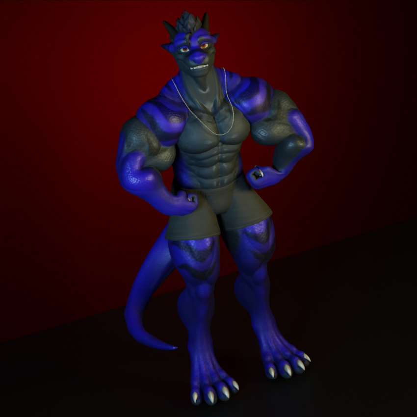 anthro chain clothing dergdrister dragon drister_(dergdrister) male muscular muscular_male mythological_creature mythological_scalie mythology red_background scalie simple_background smile solo underwear