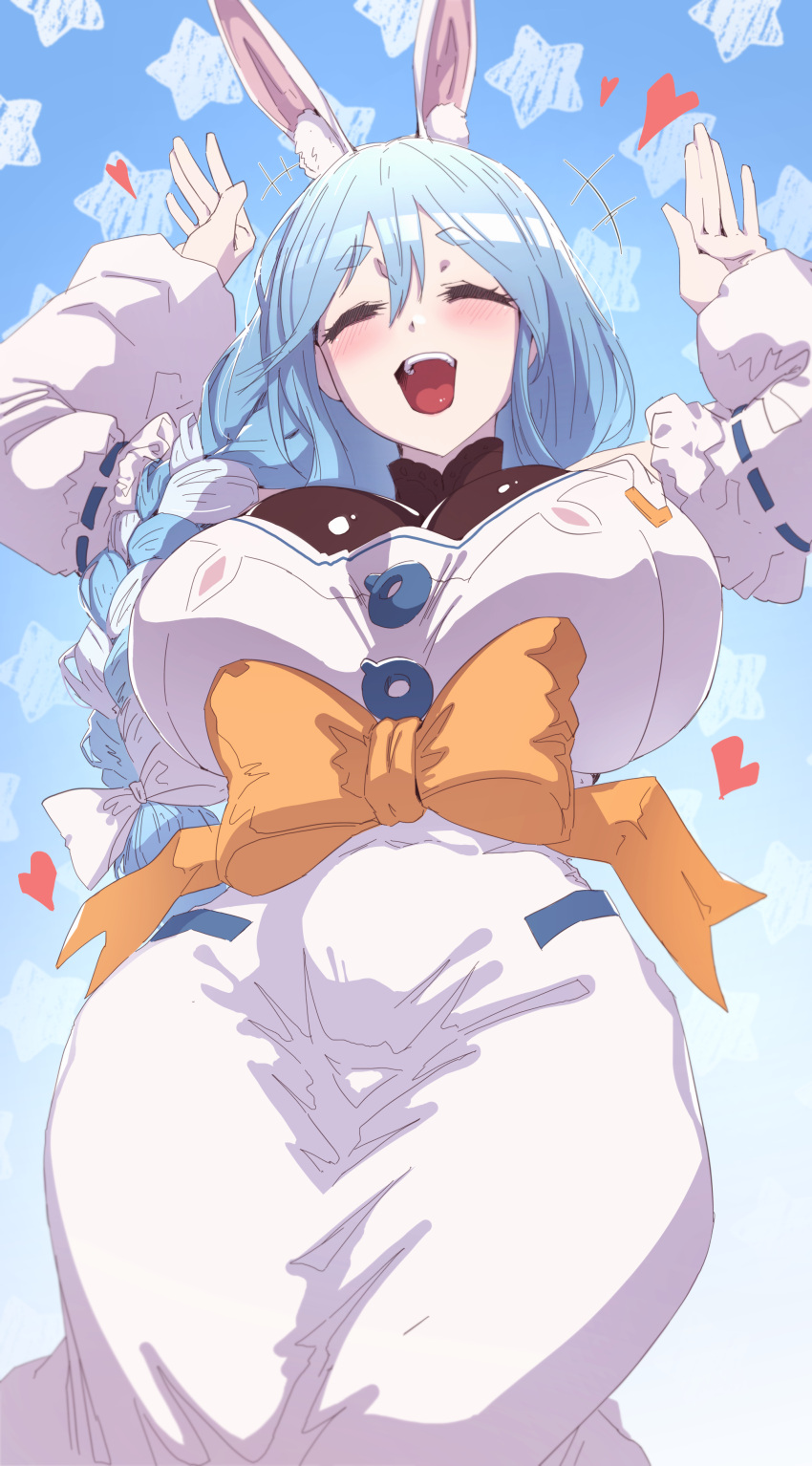 1girl absurdres animal_ear_fluff animal_ears blue_hair braid braided_ponytail breasts closed_eyes heart highres hololive large_breasts long_hair long_sleeves moai_(moai_00_) multicolored_hair open_mouth orange_ribbon paw_pose pekomama rabbit_ears rabbit_girl ribbon smile solo star_(symbol) teeth thick_eyebrows tongue upper_teeth_only virtual_youtuber white_hair