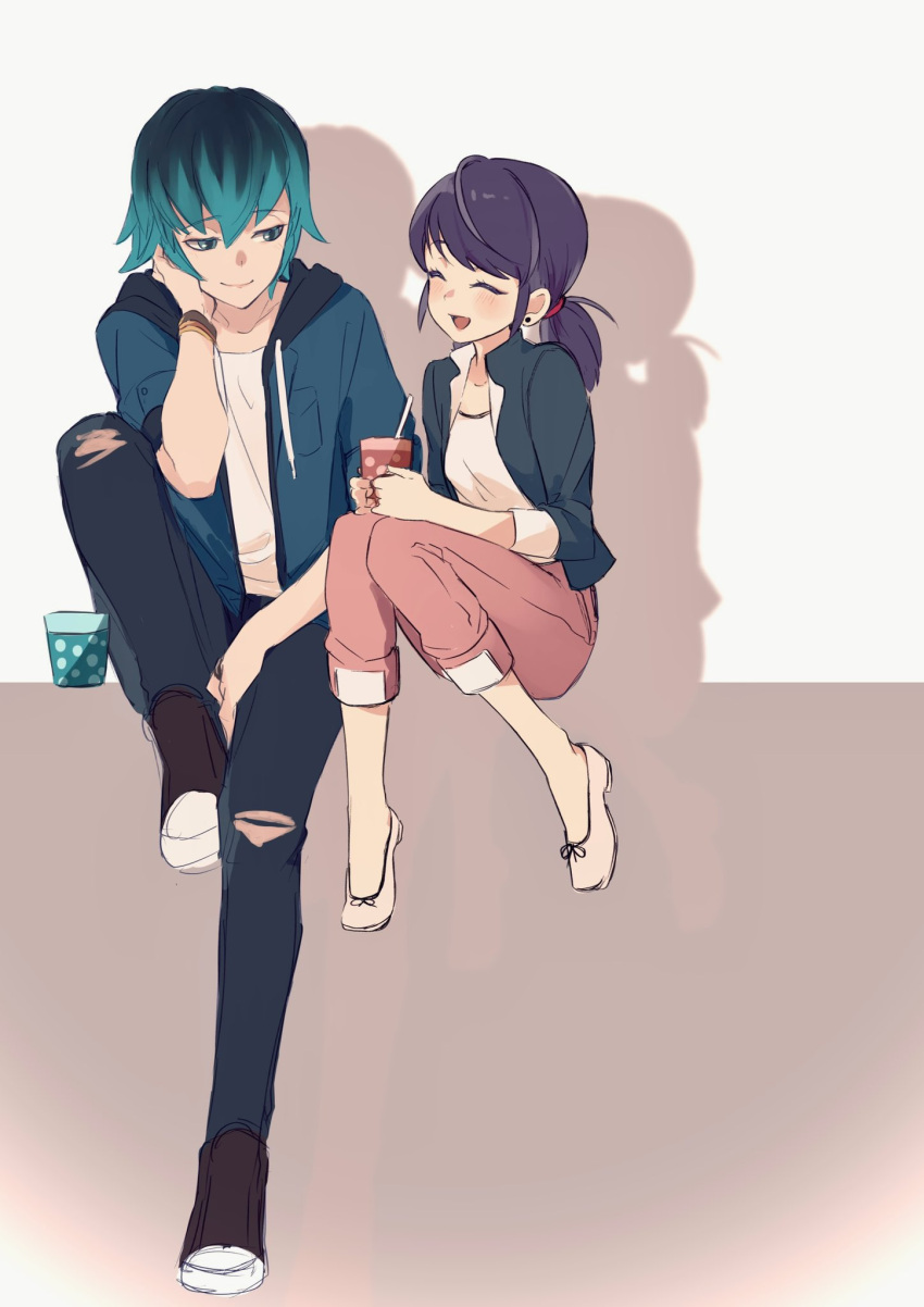 1boy 1girl black_footwear black_jacket black_pants blazer blue_eyes blue_hair blue_hoodie bracelet closed_eyes closed_mouth cup earrings green_hair highres holding holding_cup hood hoodie jacket jewelry light_blush luka_couffaine marinette_dupain-cheng miraculous_ladybug open_clothes open_jacket open_mouth pants pink_footwear pink_pants shirt short_twintails simple_background sitting smile twintails wanasubi333 white_background white_shirt