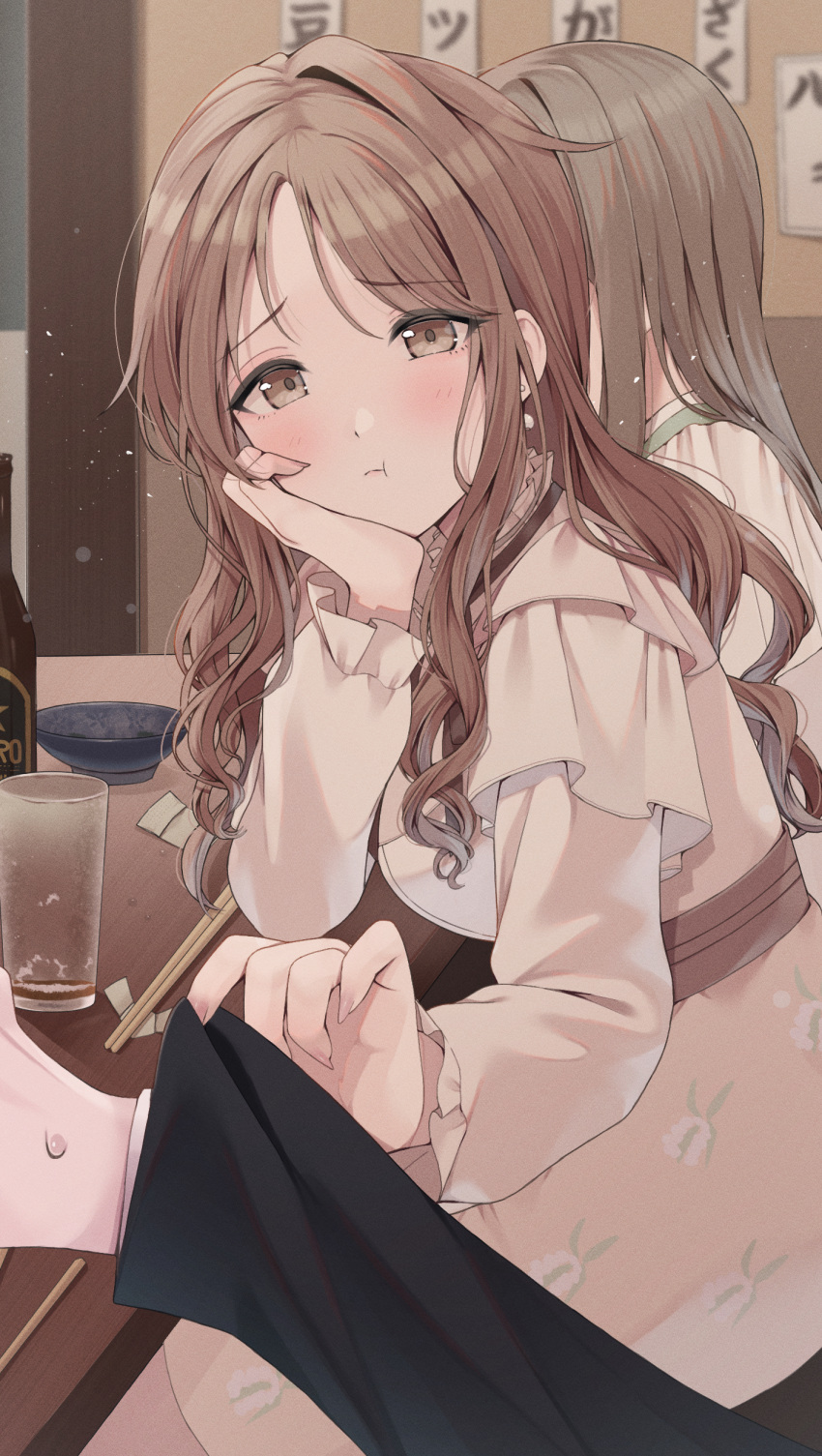 10_(user_cwuu4848) 1boy 2girls :t absurdres aged_up beer_bottle blush breasts brown_hair chopsticks cup fingernails hand_on_own_cheek hand_on_own_face highres holding holding_clothes ichikawa_hinana idolmaster idolmaster_shiny_colors looking_at_viewer medium_breasts multiple_girls out_of_frame pout pov pov_hands producer_(idolmaster) restaurant solo_focus