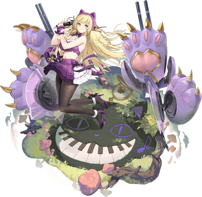 1girl absurdres alice_in_wonderland animal_ears arm_warmers azur_lane bare_shoulders bell black_pantyhose blonde_hair blue_eyes bow bowtie braid breasts byulzzi cat_ears cat_tail clock confetti crop_top fake_animal_ears full_body hair_ribbon high_heels highres holding holding_microphone jingle_bell kongou_(azur_lane) kongou_(muse)_(azur_lane) large_breasts layered_skirt long_hair looking_at_viewer microphone mushroom navel non-web_source official_art pantyhose pleated_skirt pom_pom_(clothes) purple_bow purple_bowtie purple_footwear purple_skirt ribbon rigging skirt smile solo tail transparent_background white_skirt