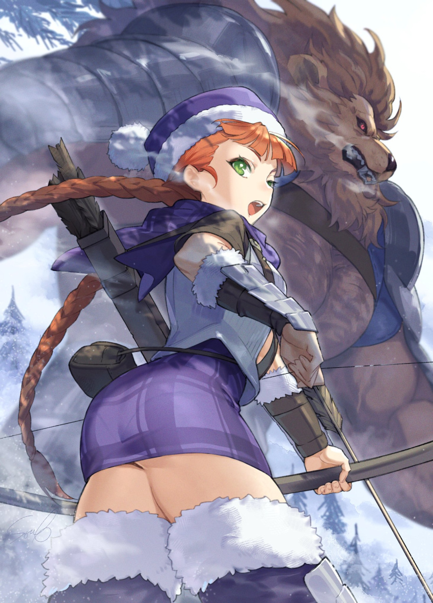 1boy 1girl armor ass_peek braid breasts brown_hair fur-trimmed_headwear fur_trim furry furry_male green_eyes hat highres lion_boy long_hair morard_(unicorn_overlord) open_mouth orange_hair ouosoul pauldrons plaid plaid_skirt purple_skirt red_eyes shoulder_armor skirt thick_thighs thighhighs thighs twin_braids underbutt unicorn_overlord yunifi_(unicorn_overlord)