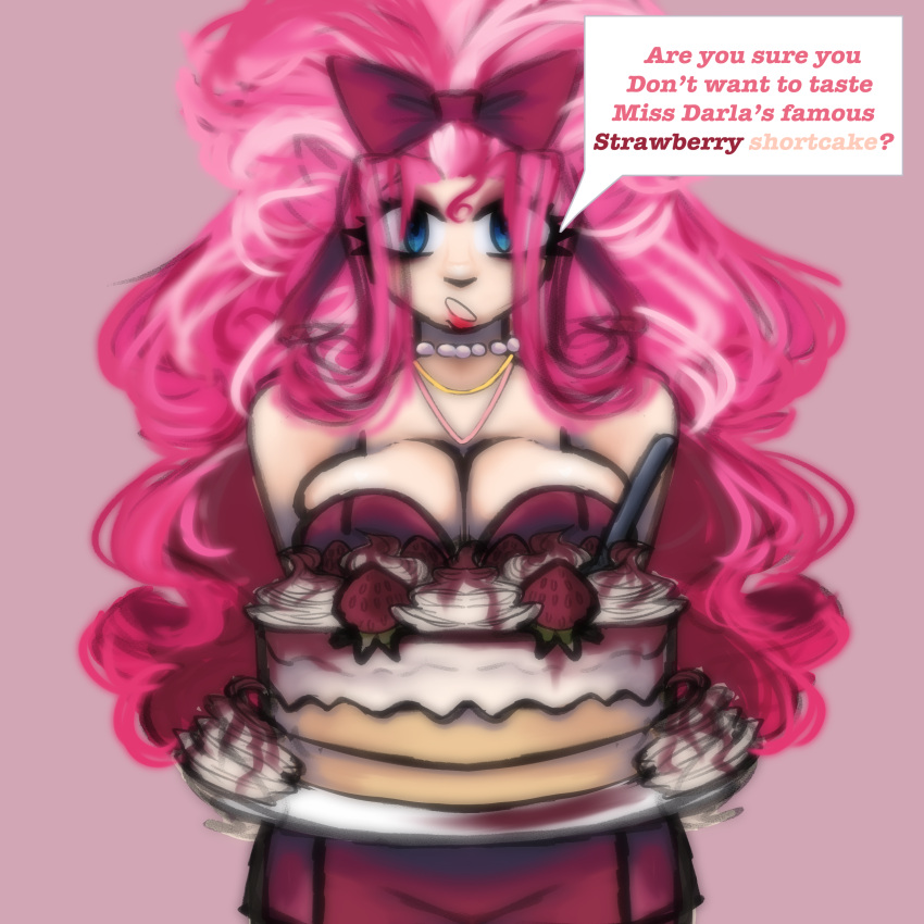 absurd_res big_breasts breasts bunni_funni clothing female food fruit hair hi_res human mammal not_furry overweight pink_hair plant sfw solo strawberry