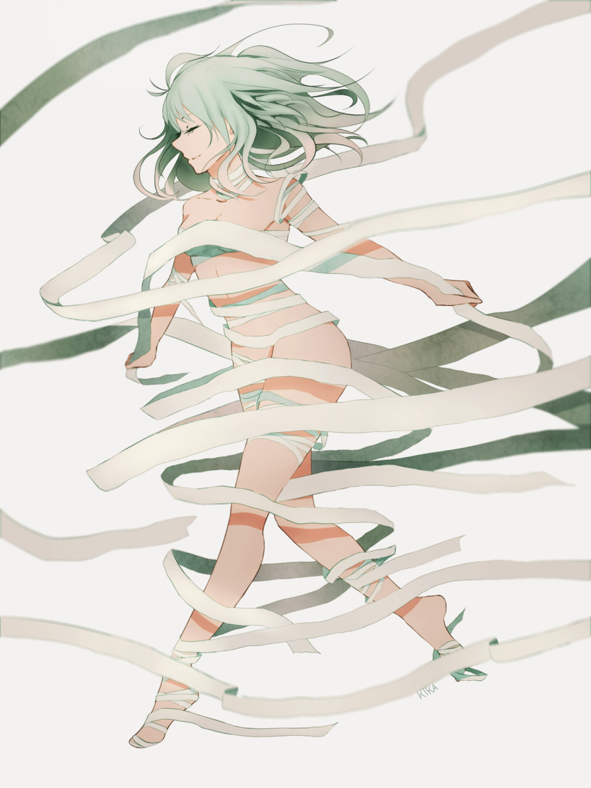 1girl aqua_hair bandages closed_eyes commentary convenient_censoring english_commentary eto_(tokyo_ghoul) floating_hair full_body highres light_smile naked_bandage nude outstretched_arms solo spread_arms sserupiko tokyo_ghoul