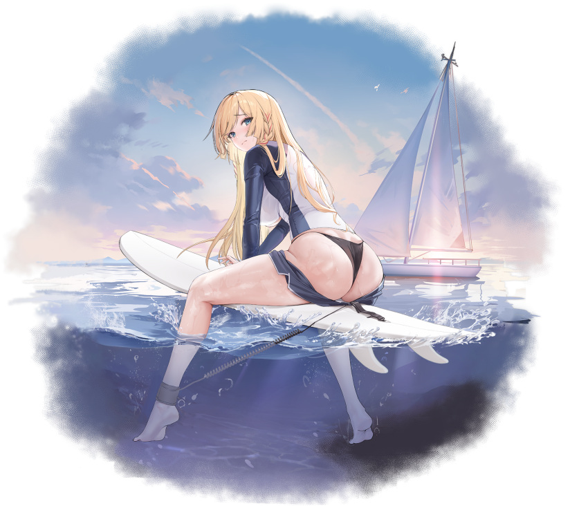 1girl ass azur_lane back barefoot bikini bikini_bottom_only bikini_under_shorts black_bikini black_bikini_bottom blonde_hair blue_eyes blush boat bodysuit bound braid breasts byulzzi closed_mouth clothes_pull cloud day diving_suit feet from_behind full_body hair_between_eyes highres kongou_(azur_lane) kongou_(troubled_seas)_(azur_lane) large_breasts legs logo long_hair long_sleeves looking_at_viewer looking_back non-web_source ocean official_alternate_costume official_art outdoors rash_guard sailboat short_shorts shorts shorts_pull sitting sky soles solo surfboard surfing swimsuit swimsuit_under_clothes thighs thong_bikini underwear water watercraft wet wet_clothes wetsuit