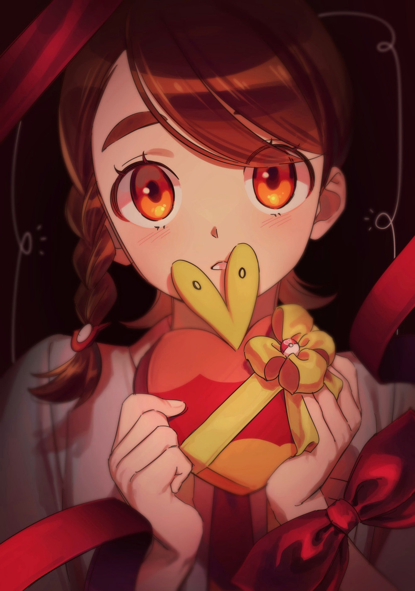 1girl absurdres applin box braid brown_hair gift gift_box heart-shaped_box highres holding juliana_(pokemon) looking_at_viewer necktie orange_eyes parted_lips pokemon pokemon_sv red_ribbon ribbon shirt simple_background solo tut_nin upper_body valentine white_shirt