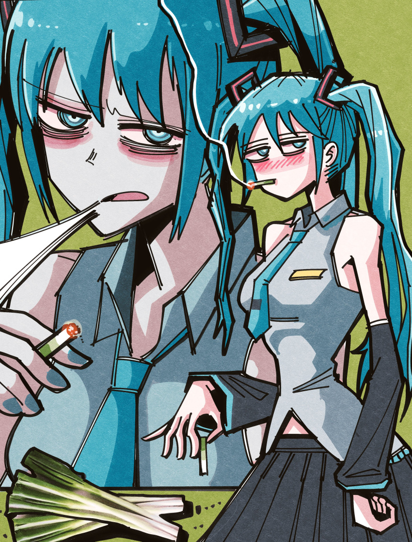 1girl absurdres aqua_eyes aqua_hair aqua_necktie bags_under_eyes blush breasts cigarette commentary_request detached_sleeves green_background hansoom_(latebirdwakeup) hatsune_miku highres holding holding_cigarette korean_commentary medium_breasts narrow_waist necktie pleated_skirt shirt skirt sleeveless sleeveless_shirt smoke smoking twintails vocaloid