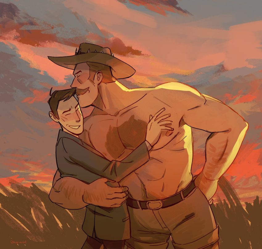 2boys abs arm_hair bara black_hair blonde_hair blush citrus0lemon closed_eyes couple cowboy_hat cowboy_shot hat highres kiss kissing_forehead large_pectorals long_sideburns male_focus mature_male mr._bidwell multiple_boys muscular muscular_male outdoors pectorals saxton_hale short_hair sideburns size_difference smile suit sunset team_fortress_2 thick_chest_hair thick_mustache topless_male yaoi