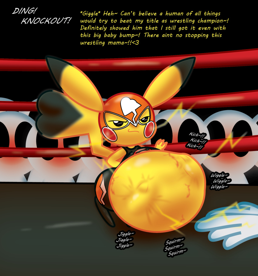 2024 belly big_belly black_bottomwear black_clothing black_ear_tips black_pants black_sclera black_shirt black_tail_tip black_topwear blush bottomwear clothing colored cosplay_pikachu_(costume) dialogue digital_media_(artwork) dipstick_tail electricity english_text fancy_blue female fighting_ring generation_1_pokemon giggling group heart_shaped_tail hi_res huge_belly human hyper hyper_belly hyper_pregnancy mammal markings mask nintendo onomatopoeia orange_bottomwear orange_clothing orange_mask orange_pants pants pikachu pikachu_libre pokemon pokemon_(species) pregnant red_cheeks shaded shirt size_difference smaller_female smile smug smug_grin sound_effects sports_mask sportswear tail tail_markings text thick_thighs tight_clothing topwear unborn_kicking white_eyes wrestling_mask wrestling_outfit yellow_body yellow_ears yellow_tail
