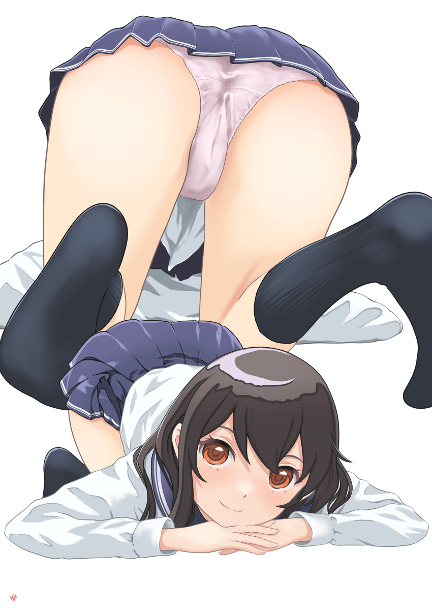 1girl absurdres ass black_hair black_socks blue_sailor_collar blue_skirt commentary_request crotch_seam highres long_sleeves miniskirt mtu_virus multiple_views nao_suke original panties pantyshot pleated_skirt red_eyes sailor_collar school_uniform serafuku shirt simple_background skirt socks solo top-down_bottom-up underwear white_background white_panties white_shirt