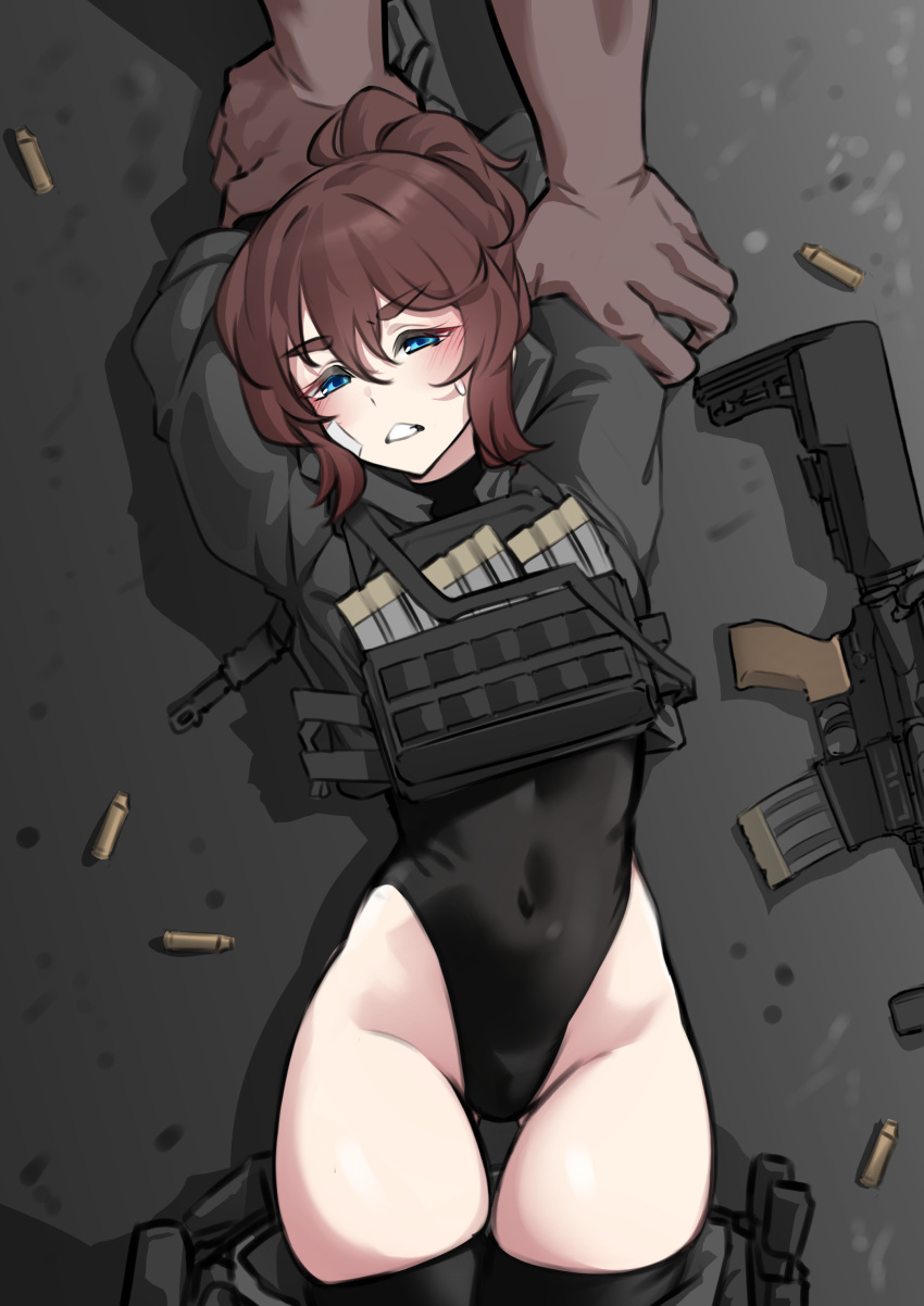 1boy 1girl absurdres ass_visible_through_thighs assault_rifle bandaid bandaid_on_face black_leotard black_thighhighs blue_eyes blush brown_hair clenched_teeth clothes_pull concrete covered_navel dark-skinned_male dark_skin gloves grey_gloves grey_hoodie groin gun hair_between_eyes high_ponytail highres hood hoodie k0ng leotard leotard_under_clothes load_bearing_vest loner-chan_(k0ng) lying medium_hair on_back on_floor original pants pants_pull restrained rifle shell_casing sidelocks sweatdrop teeth thick_eyebrows thighhighs thong_leotard v-shaped_eyebrows weapon