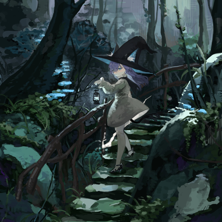 1girl animal_ear_fluff animal_ears black_footwear black_hat blue_eyes cat_ears cat_tail dress ears_through_headwear ednaaaaxd forest hat high_heels highres holding holding_lantern lantern long_hair moss nature original plant purple_hair railing rock scenery shoes solo stairs standing tail tree vines witch witch_hat