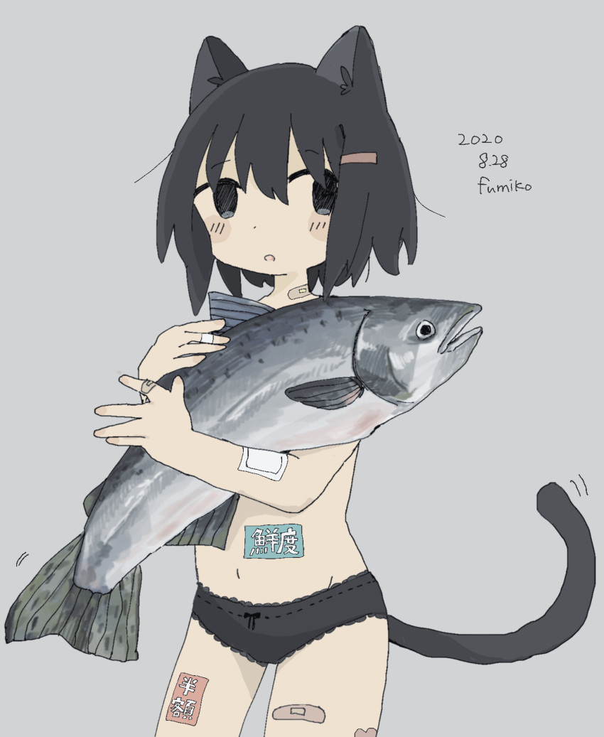 156m 1girl :o animal animal_ears bandaid bandaid_on_hand bandaid_on_leg bandaid_on_neck black_eyes black_hair black_panties blush cat_ears cat_girl cat_tail commentary_request cowboy_shot dated fish fish_request gauze_on_arm hair_ornament hairclip highres holding holding_animal holding_fish looking_at_viewer navel no_sclera open_mouth original panties short_hair signature solo standing sticker_on_leg sticker_on_stomach tail translation_request underwear underwear_only