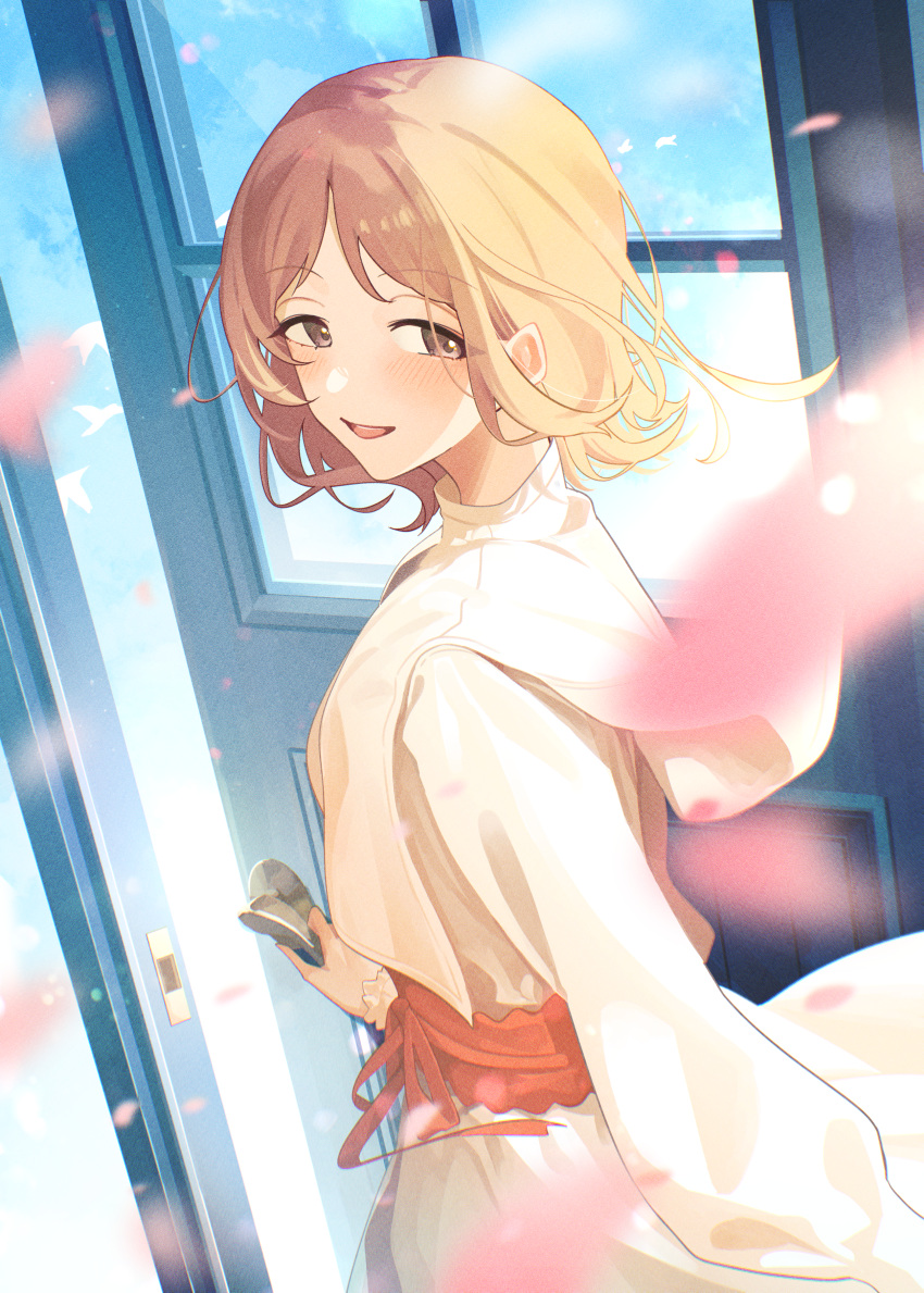 1girl absurdres blurry blurry_foreground blush brown_hair depth_of_field door dress falling_petals highres idolmaster idolmaster_shiny_colors long_sleeves looking_at_viewer odecono3 opening_door petals sakuragi_mano smile solo white_dress