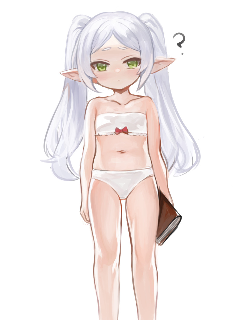 1girl ? bare_arms bare_shoulders blush book bow bow_bra bra closed_mouth collarbone commentary_request dokomon elf flat_chest frieren full_body green_eyes grey_hair highres holding holding_book long_hair looking_at_viewer navel panties parted_bangs pointy_ears short_eyebrows simple_background solo sousou_no_frieren standing strapless strapless_bra thick_eyebrows twintails underwear underwear_only very_long_hair white_background white_bra white_panties