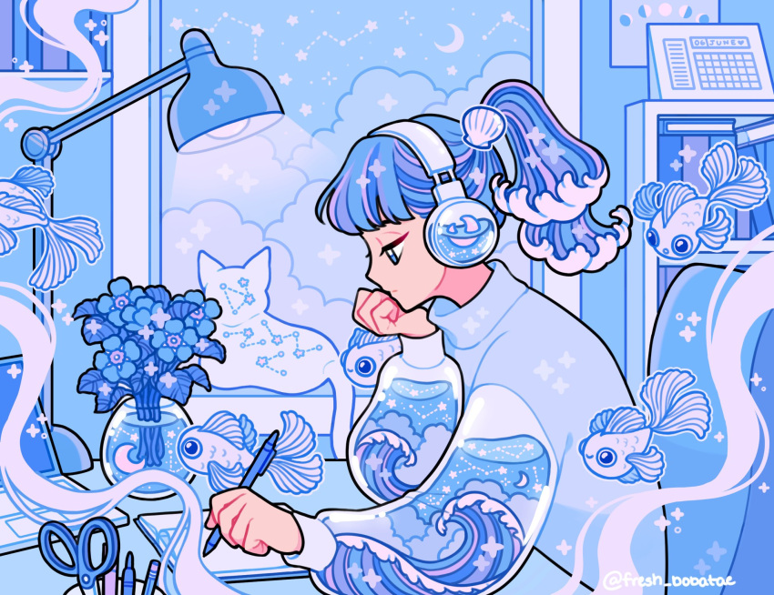 1girl blue_clouds blue_eyes blue_flower blue_hair blue_sweater blue_theme bookshelf calendar_(object) cat chair cloud commission computer constellation crescent_moon desk desk_lamp emily_kim fish flower forget-me-not_(flower) hair_ornament headphones highres holding holding_pen indoors lamp laptop liquid liquid_hair lofi_girl_(youtube) long_sleeves moon moon_phases notebook original pastel_colors pen ponytail scissors shell_hair_ornament sitting sparkle sweater turtleneck turtleneck_sweater underwater wave_print waves white_cat window