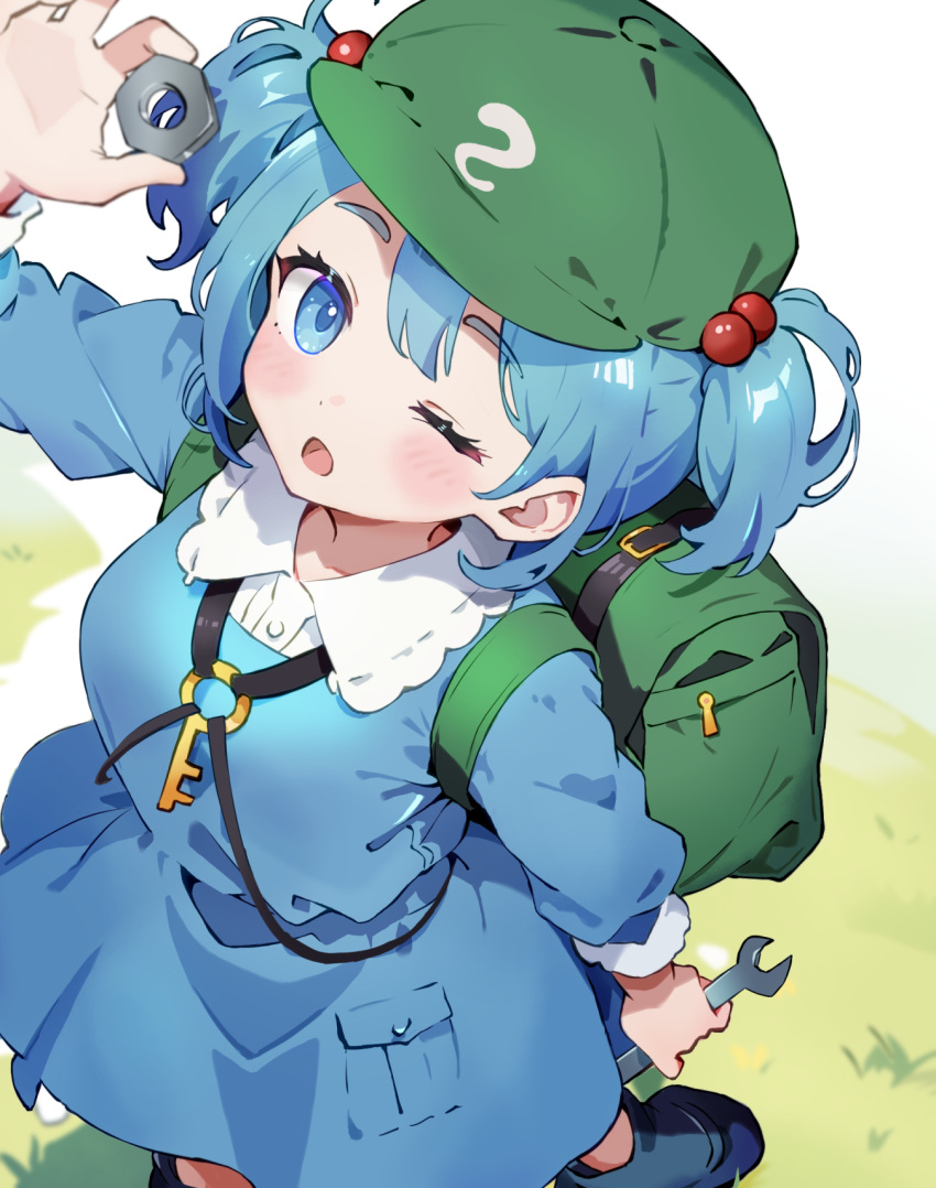 1girl ankle_boots backpack bag blue_dress blue_eyes blue_footwear blue_hair boots chikuzen1996 collared_shirt dot_nose dress flat_cap frilled_shirt_collar frills from_above green_bag green_hat hair_between_eyes hair_bobbles hair_ornament hat highres holding holding_wrench jewelry kawashiro_nitori key key_necklace light_blush looking_at_viewer medium_hair necklace nut_(hardware) on_grass one_eye_closed open_mouth pocket randoseru rubber_boots shirt short_twintails sidelocks tareme touhou twintails walking white_shirt wrench