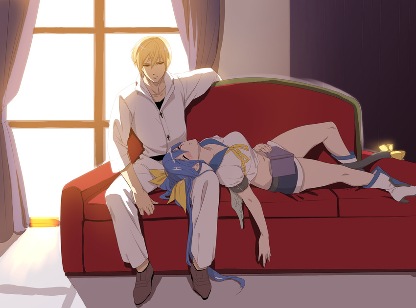 1girl bad_id bad_pixiv_id blonde_hair blue_hair blue_sailor_collar blush book closed_eyes couch couple curtains dizzy guilty_gear hetero highres indoors ky_kiske lap_pillow long_hair lying midriff on_back ookami_ryousuke open_book ribbon sailor_collar short_hair shorts sitting smile sunlight tail tail_ribbon window yellow_eyes