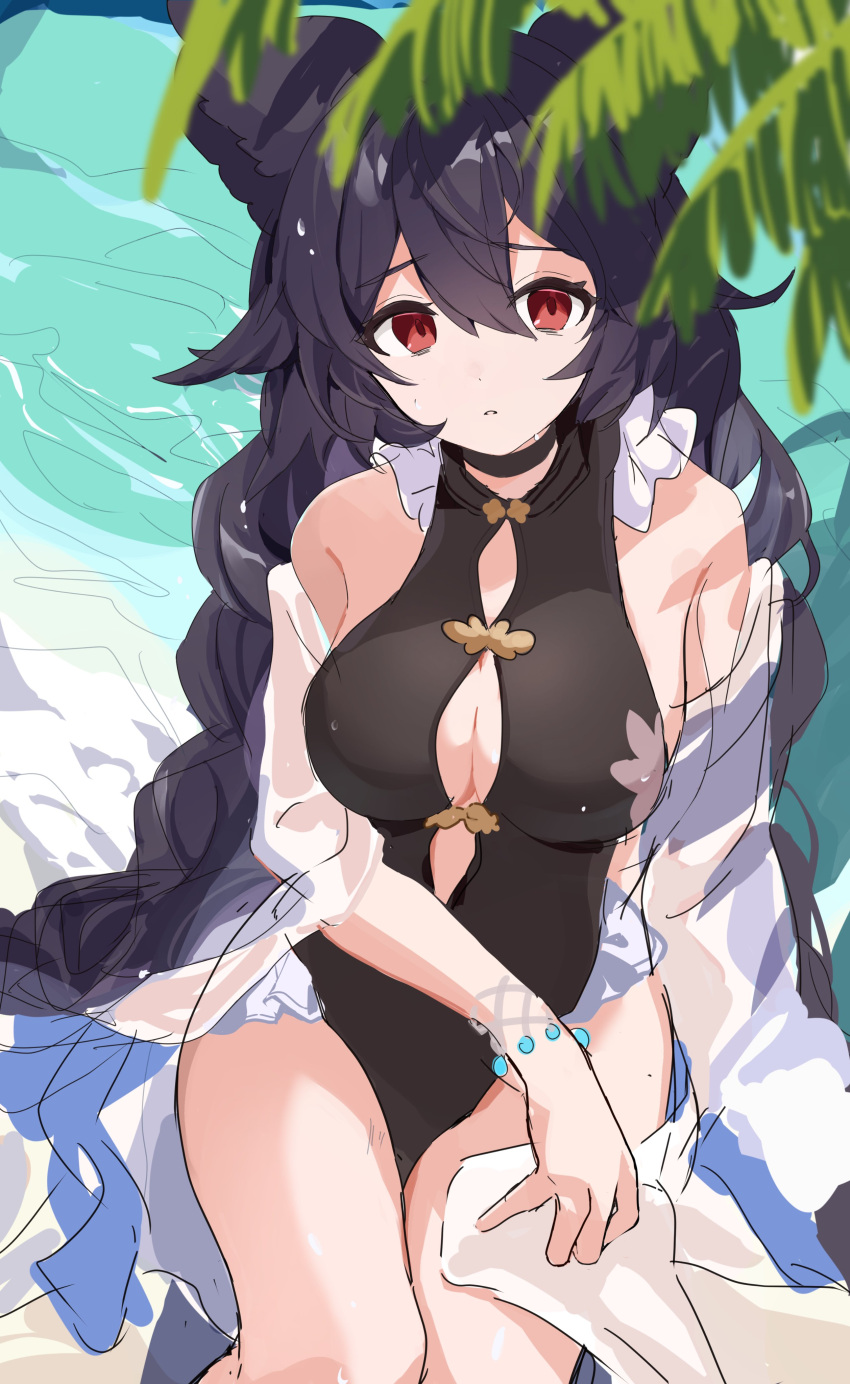 absurdres black_one-piece_swimsuit braid breasts casual_one-piece_swimsuit cleavage cleavage_cutout clothing_cutout erune etoria frilled_one-piece_swimsuit frills granblue_fantasy highres monokini nier_(granblue_fantasy) nier_(lover_by_the_lily_lake)_(granblue_fantasy) official_alternate_costume one-piece_swimsuit sideboob swimsuit twin_braids