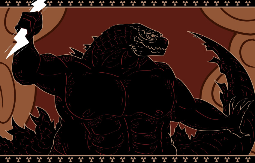 abs absurd_res anthro big_muscles big_pecs claws cloud cogsanity electricity godzilla godzilla_(series) hi_res kaiju lightning lightning_bolt long_tail male muscular muscular_anthro muscular_male nipples pecs red_eyes solo spiked_tail spikes spikes_(anatomy) tail toho