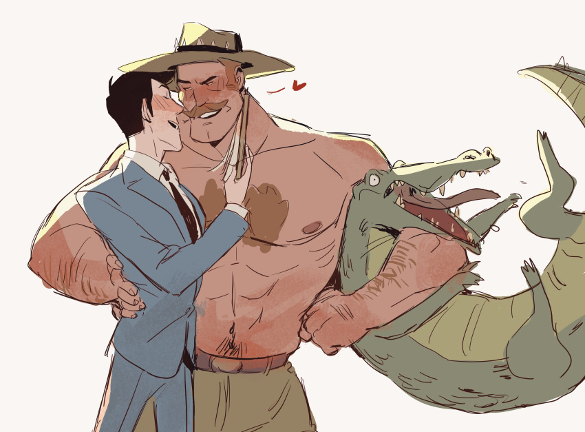 2boys abs alligator arm_hair bara black_hair blonde_hair blush carrying carrying_under_arm citrus0lemon closed_eyes couple cowboy_hat cowboy_shot crocodilian grey_background hand_on_another's_back hat heart highres large_pectorals long_sideburns looking_at_another male_focus mature_male mr._bidwell multiple_boys muscular muscular_male pectorals saxton_hale seductive_smile short_hair sideburns simple_background size_difference smile team_fortress_2 thick_chest_hair thick_mustache topless_male yaoi