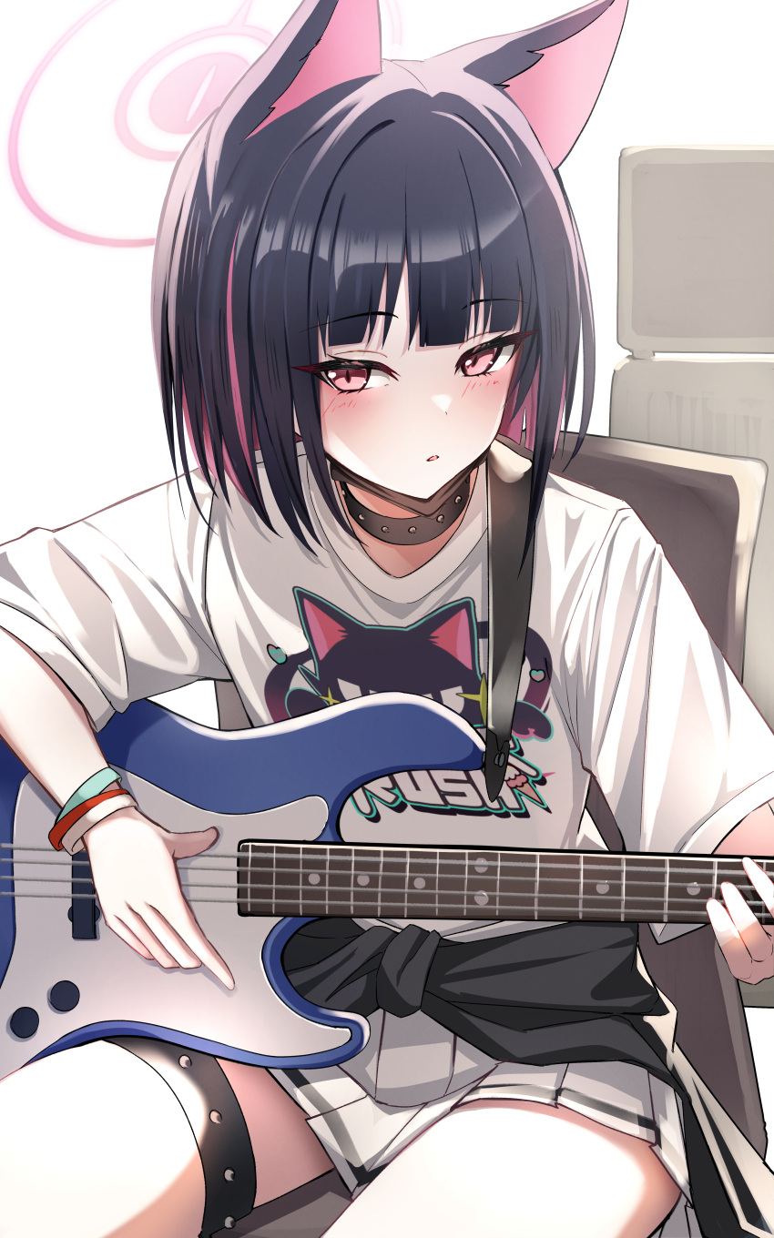 1girl absurdres animal_ears bass_guitar black_collar black_hair black_jacket blue_archive blush cat_ears clothes_around_waist collar colored_inner_hair commentary_request extra_ears halo highres instrument jacket jacket_around_waist kazusa_(band)_(blue_archive) kazusa_(blue_archive) kuromiz looking_at_viewer multicolored_hair music official_alternate_costume on_chair parted_lips pink_eyes pink_hair pink_halo playing_instrument pleated_skirt shirt short_sleeves simple_background sitting skirt solo thighs white_background white_shirt white_skirt wristband