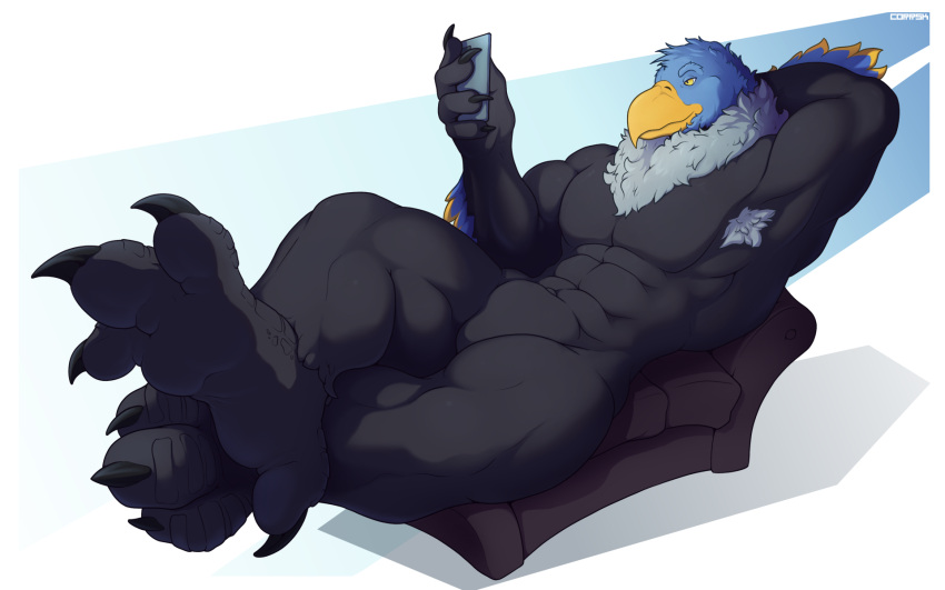 accipitrid accipitriform ahab_(ahugebird) anthro armpit_hair avian beak big_feet bird body_hair chest_tuft claws corrsk eagle electronics feathers featureless_crotch feet furniture hi_res male muscular muscular_male neck_tuft paws phone sofa solo tuft